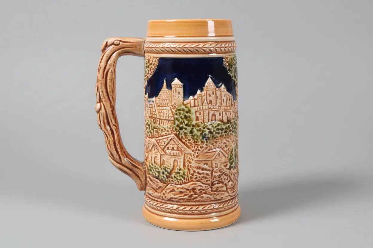 Vintage Bavarian-Style Beer Mug – 3D Relief Tavern Scene, Faux Wood Handle (1950s–1970s) Vintage Craze