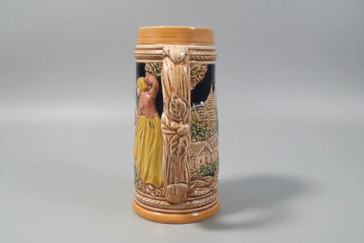 Vintage Bavarian-Style Beer Mug – 3D Relief Tavern Scene, Faux Wood Handle (1950s–1970s) Vintage Craze
