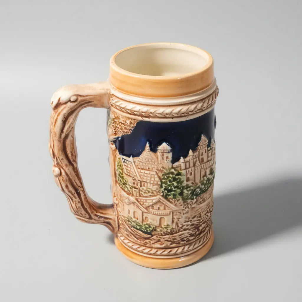Vintage Bavarian-Style Beer Mug – 3D Relief Tavern Scene, Faux Wood Handle (1950s–1970s) Vintage Craze