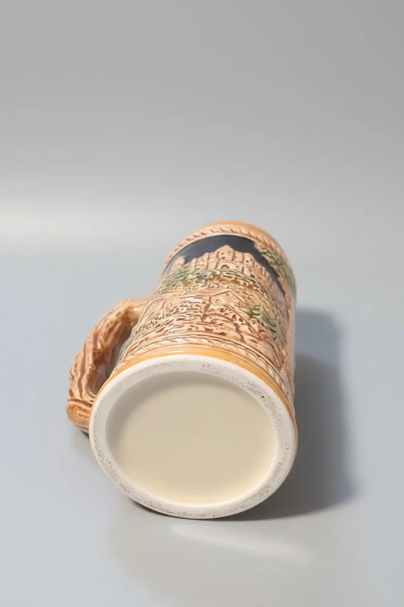Vintage Bavarian-Style Beer Mug – 3D Relief Tavern Scene, Faux Wood Handle (1950s–1970s) Vintage Craze