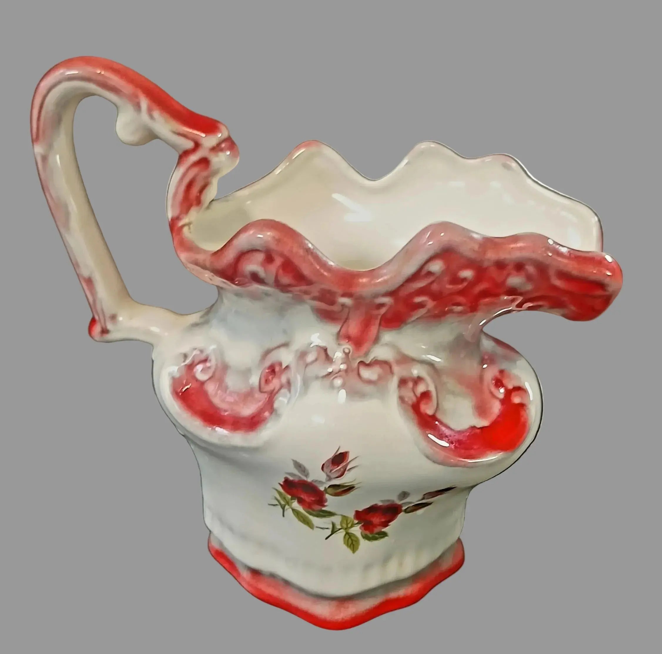 Antique R.S. Prussia Porcelain Pitcher – Mold 91, Red Rose Art Nouveau (1895–1905) Vintage Craze