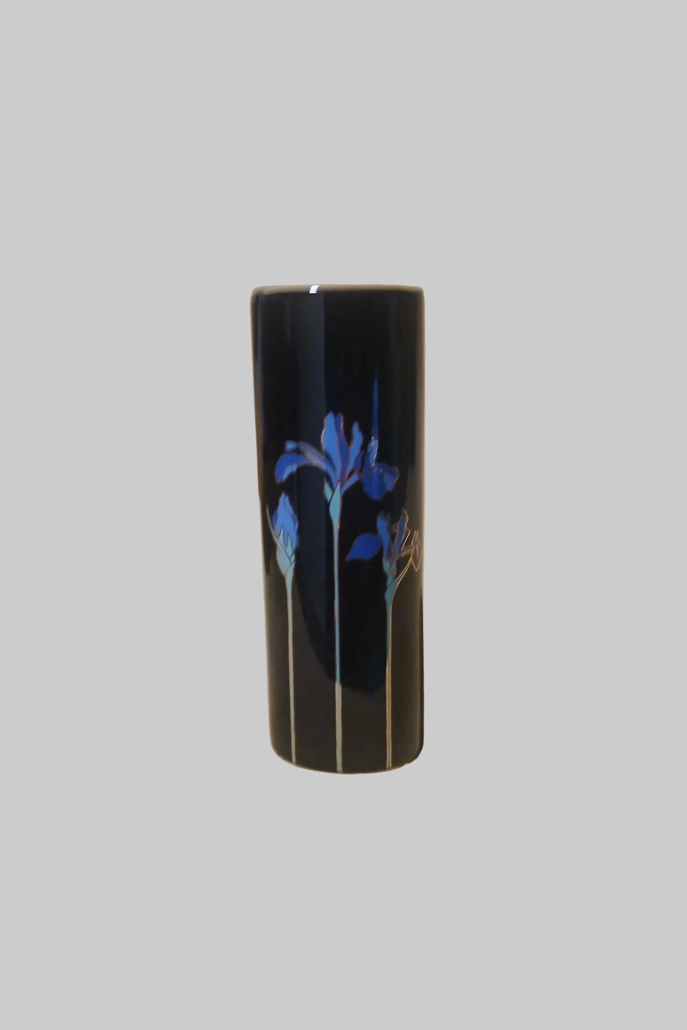 Vintage Otagiri Blue Iris Bud Vase – Glossy Black with Gold Accents, Late 1970s–1990s Otagiri Mercantile Company