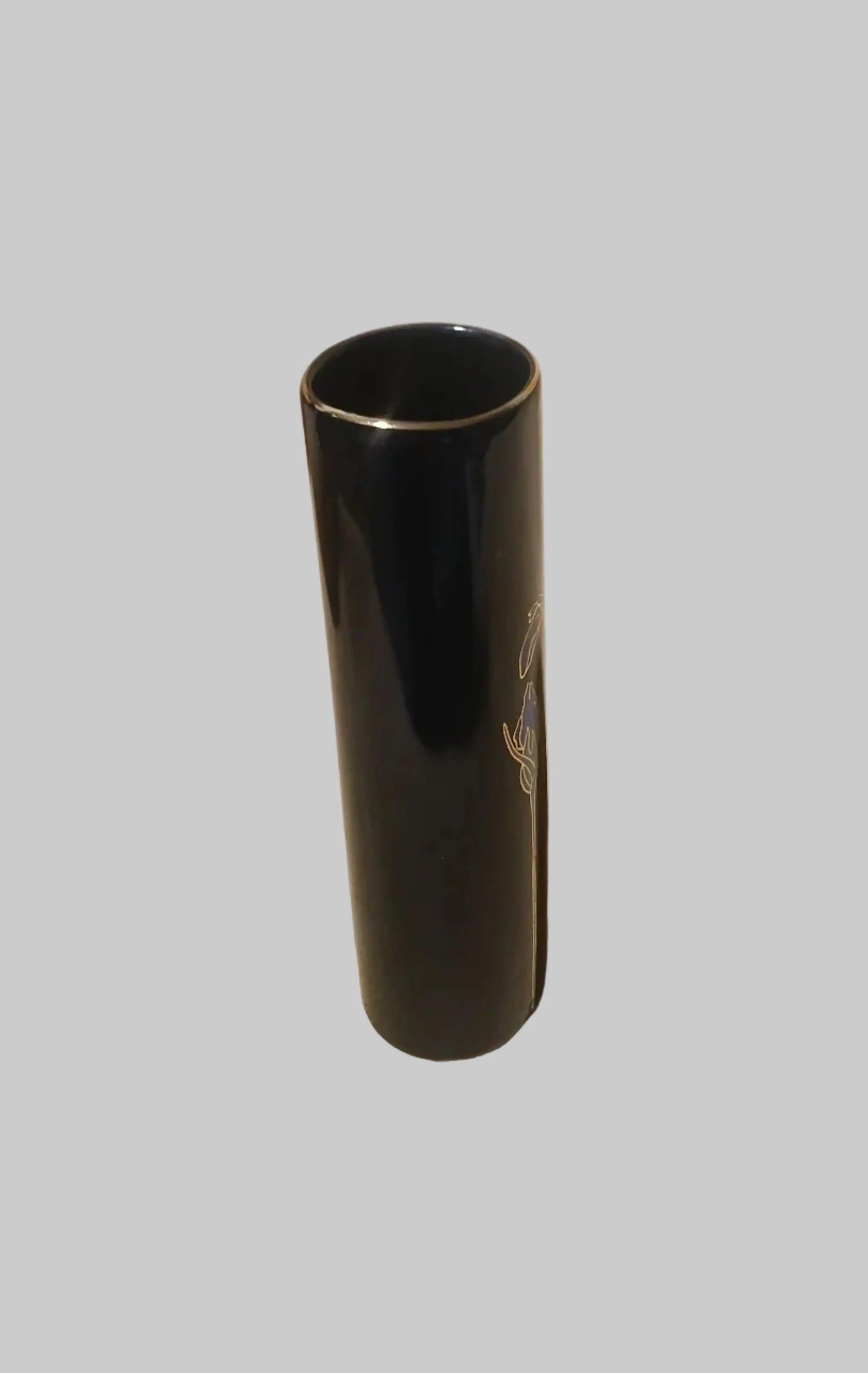 Vintage Otagiri Blue Iris Bud Vase – Glossy Black with Gold Accents, Late 1970s–1990s Otagiri Mercantile Company