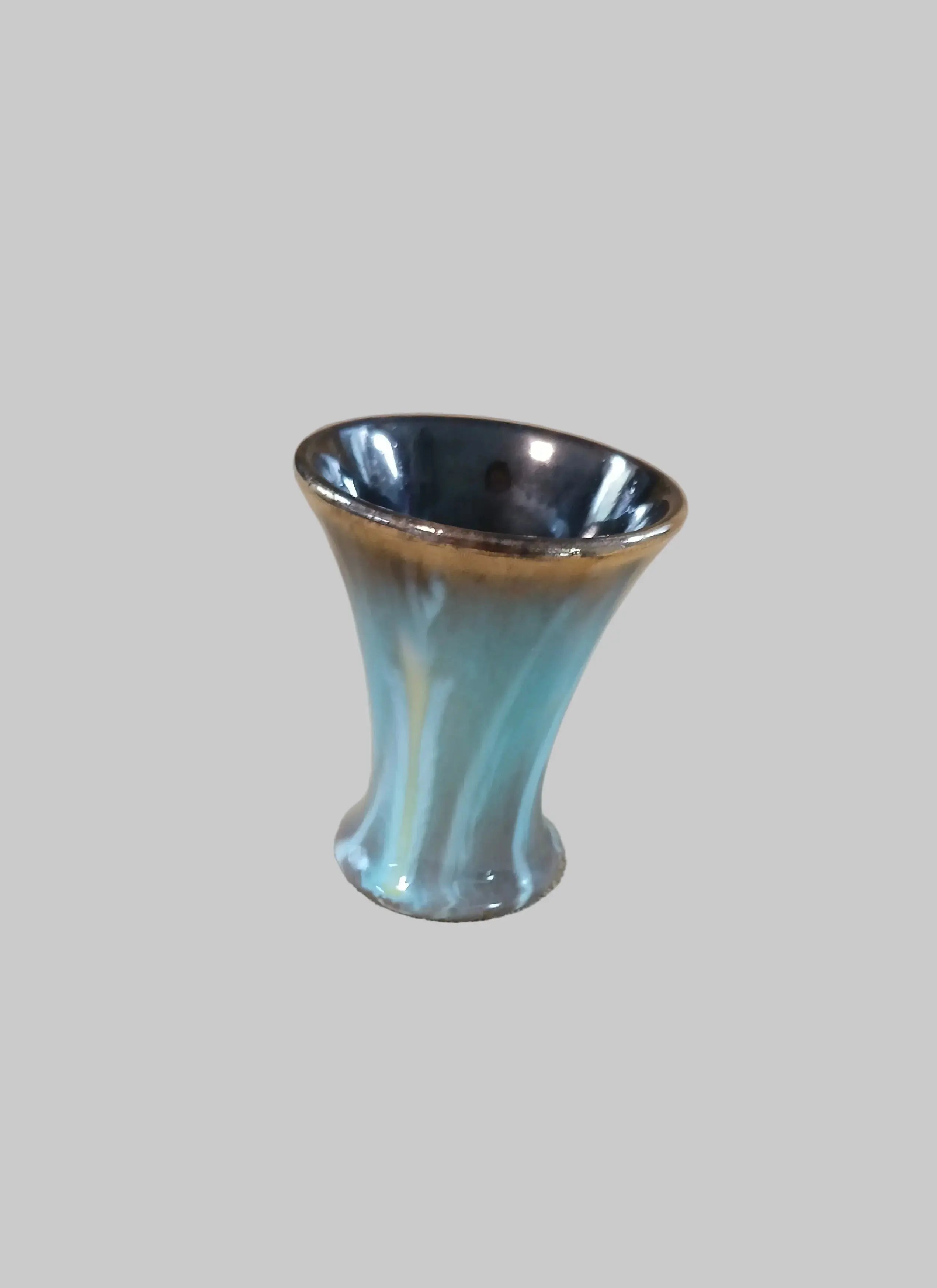 Bay Keramik West German Art Pottery Mini Vase — Turquoise Drip Glaze, Gold Rim, Tulip Form, 1950s–60s Bay Keramik
