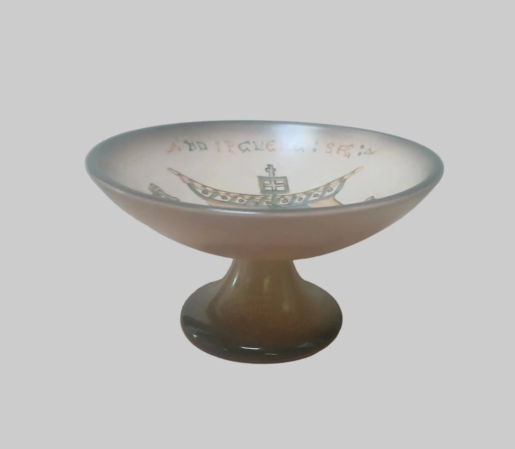 Rare Signed Giricke French Art Pottery Compote | Bayeux Tapestry ‘Navigio Mare’ | 1950s–70s Vintage Craze