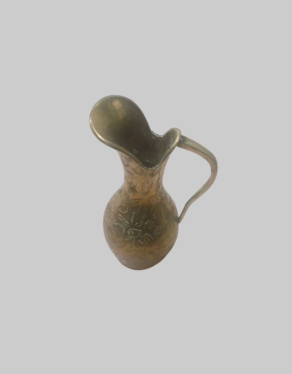 Vintage Hand-Etched Brass Pitcher — Floral & Leaf Pattern, 6", India, 1950s–60s Vintage Craze