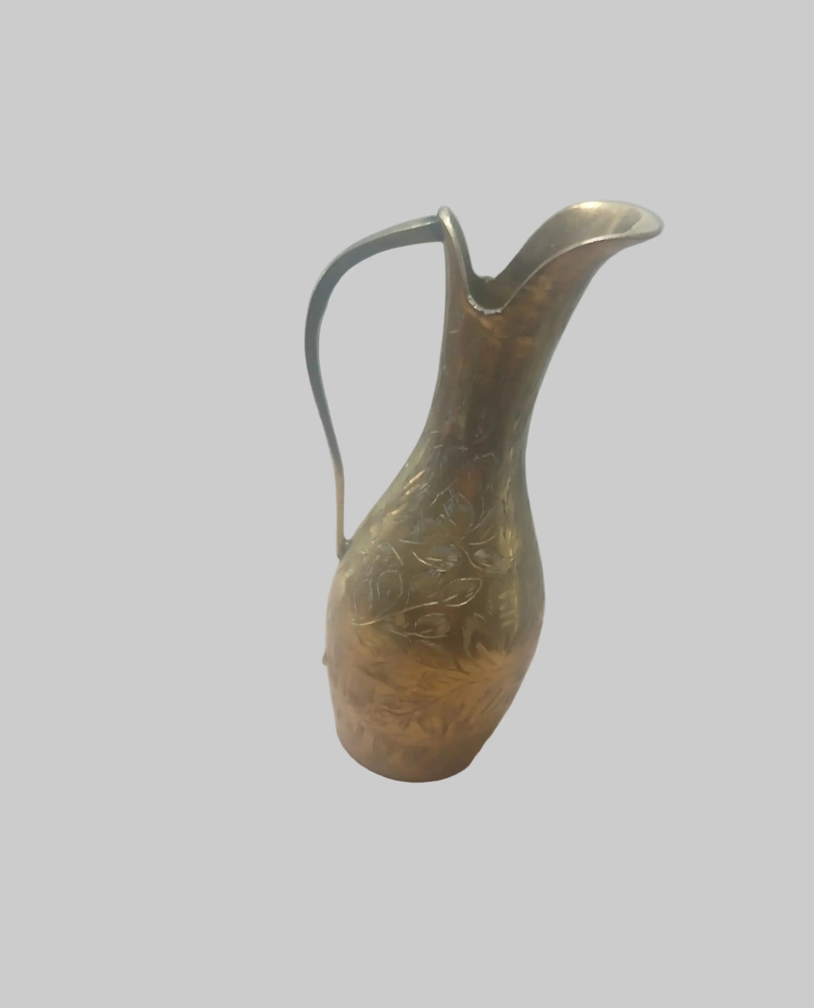 Vintage Hand-Etched Brass Pitcher — Floral & Leaf Pattern, 6", India, 1950s–60s Vintage Craze