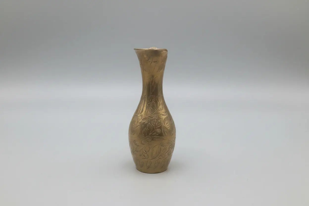 Vintage Hand-Etched Brass Pitcher — Floral & Leaf Pattern, 6", India, 1950s–60s Vintage Craze