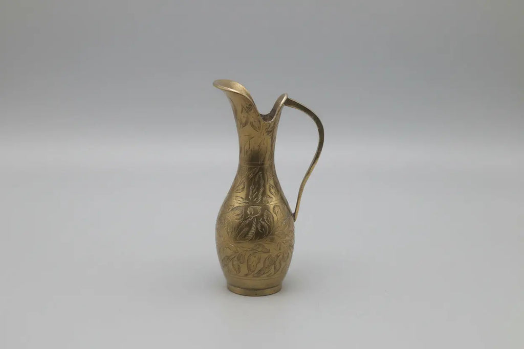 Vintage Hand-Etched Brass Pitcher — Floral & Leaf Pattern, 6", India, 1950s–60s Vintage Craze