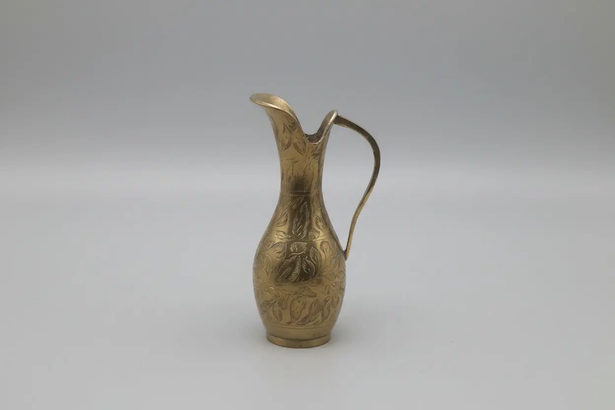 Vintage Hand-Etched Brass Pitcher — Floral & Leaf Pattern, 6", India, 1950s–60s Vintage Craze