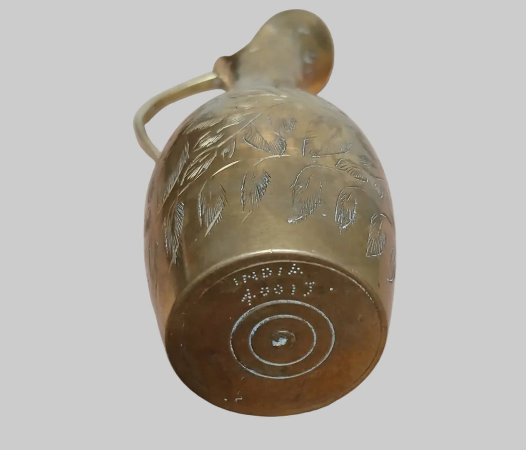 Vintage Hand-Etched Brass Pitcher — Floral & Leaf Pattern, 6", India, 1950s–60s Vintage Craze