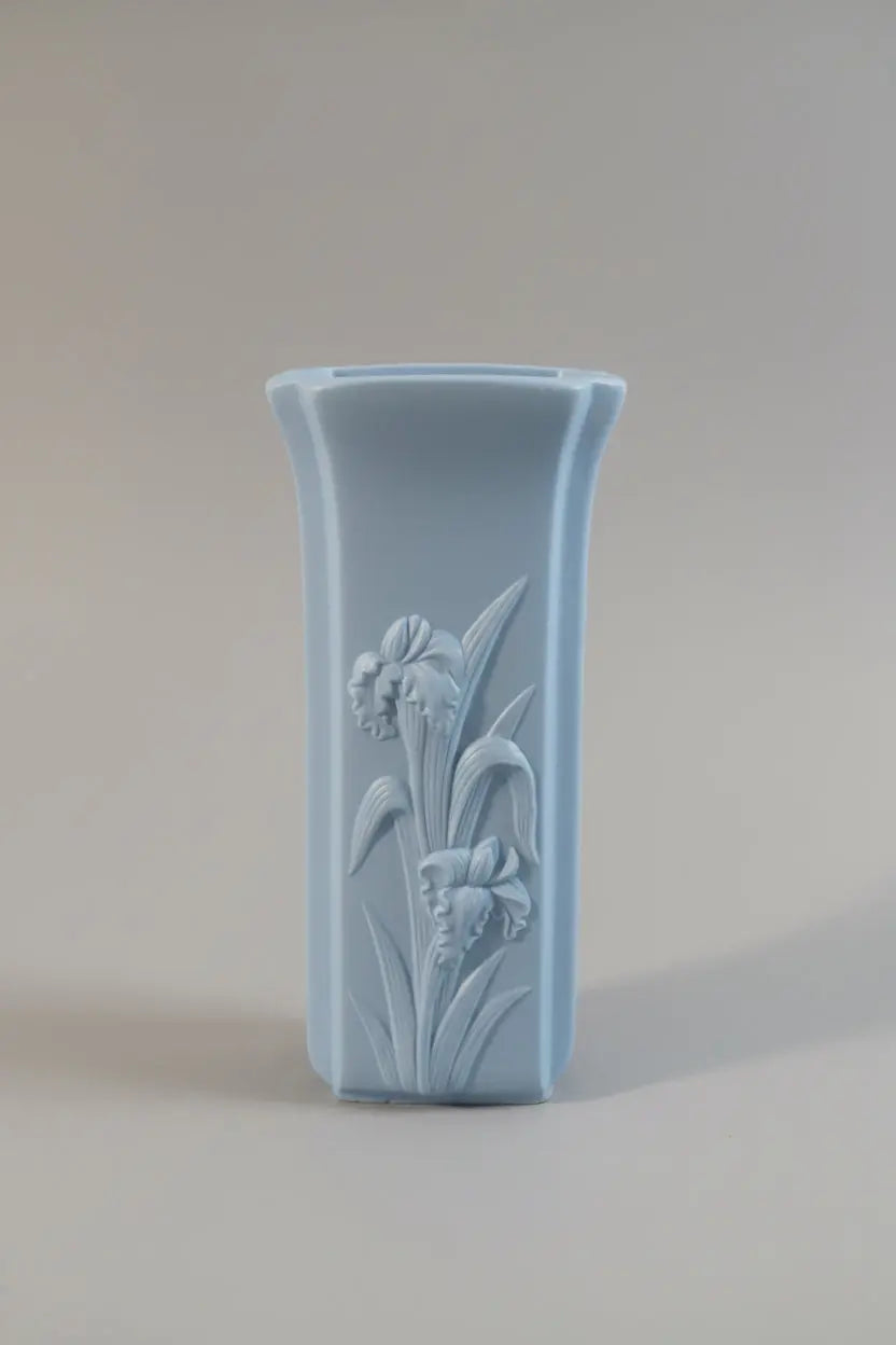 Vintage Japanese Jasperware Iris Vase | Blue Bisque Porcelain Relief | 1950s Vintage Craze